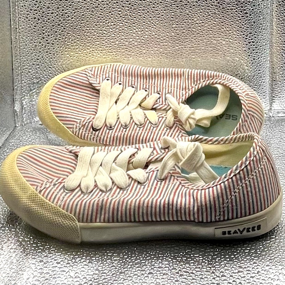 Women’s Seavees Red, White & Blue Striped Canvas Sneakers with Cream Laces